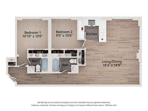 Floor plan for 2 beds, 2 baths, 968 sqft